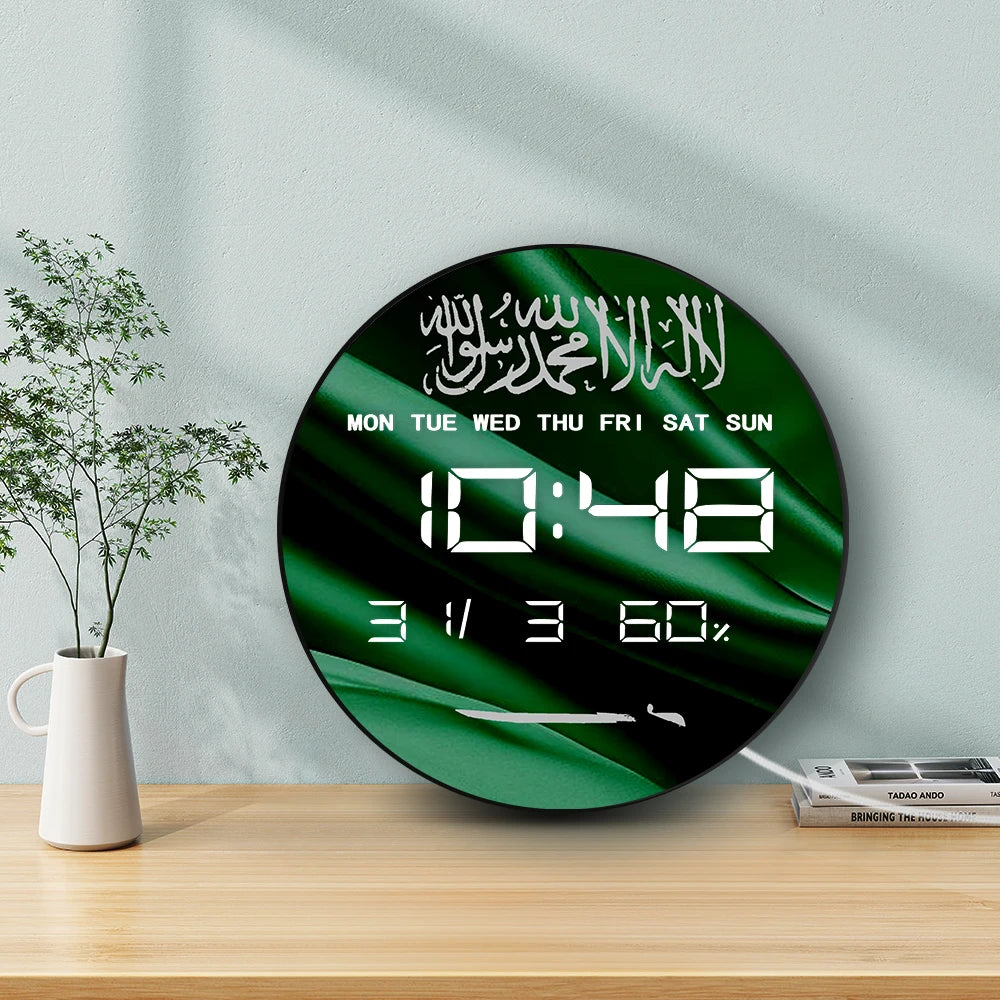 Saudi Arabia Country Flag Digital Wall Clock with Timer Date Temperature Display Saudi Pride Patriotic Green Electric Wall Clock
