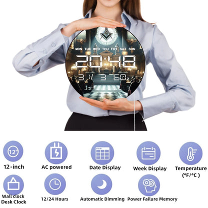 Freemasons Square and Compass LED Digital Wall Clock Mason Symbol Masonic Decor Electronic Wall Clock with Calendar Temperature