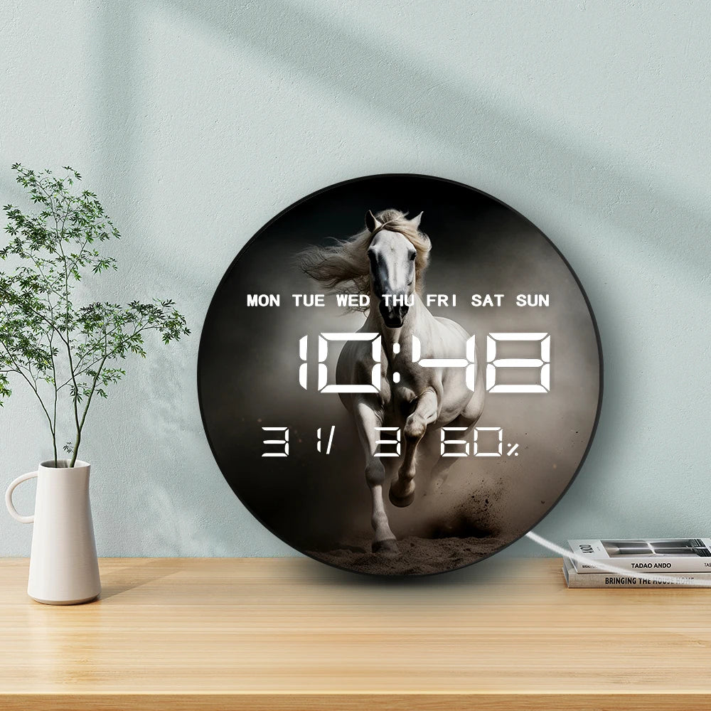 Running Horse Digital Wall Clock with Glowing LED Display Calendar Temperature Freedom Animal Home Decor Electronic Wall Clock