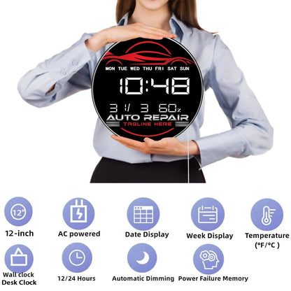 Auto Repair Car Service Garage LED Digital Wall Clock with Calendar Temperature Auto Dimming 12/24hr Format Electronic Clock