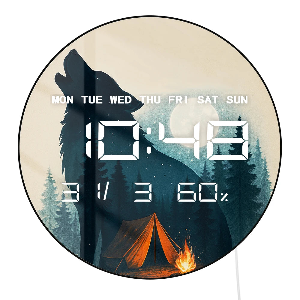 Howling Wolf Forest Camping Design LED Digital Wall Clock with Calendar Temperature Auto Dimming 12/24hr Electronic Wall Clock