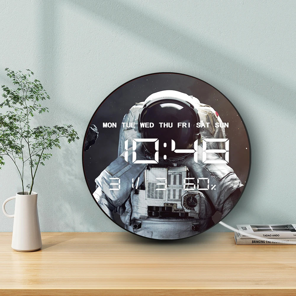 Astronaut in Space Digital Wall Clock with LED Display Calendar Temperature Automatic Dimming 12/24hr Format Electric Wall Clock