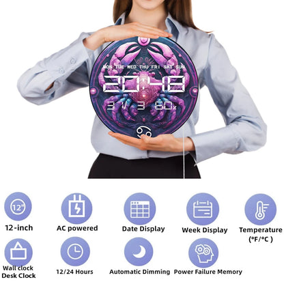 Zodiac Cancer Sign Multifunctional LED Digital Wall Clock Astrology Home Decor Electronic Clock Wall Desk Use July Birthday Gift