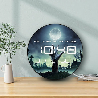Zombie Hand Rising Out Of A Grave Horror Design Wall Clock with Timer Date Temperature Display Halloween LED Digital Wall Clock