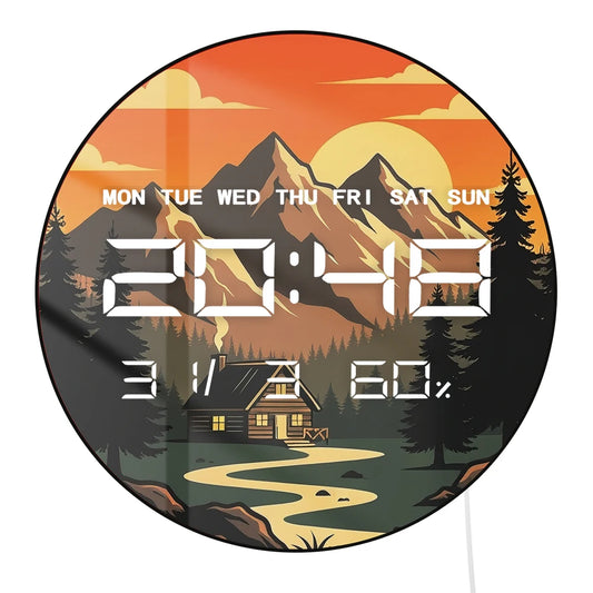 Mountains Peaks Cabin Pine Trees with Sunset  LED Digital Wall Clock Nature Landsacpe Home Decor 12/24hour Electronic Wall Clock
