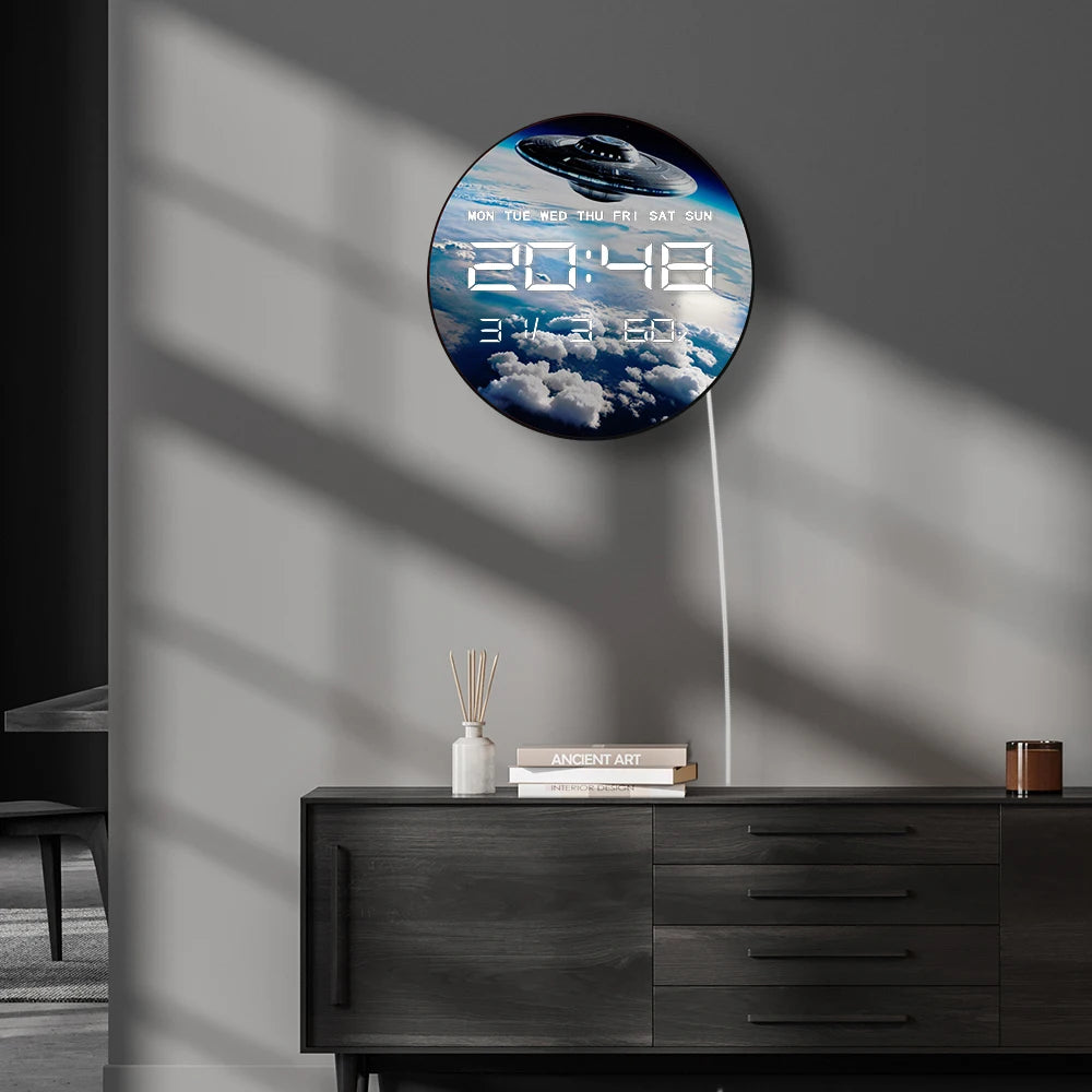 UFO Flying Earth Atmosphere LED Digital Wall Clock with Calendar Date Temperature Sci Fi Home Decor 12/24hr Electric Wall Clock