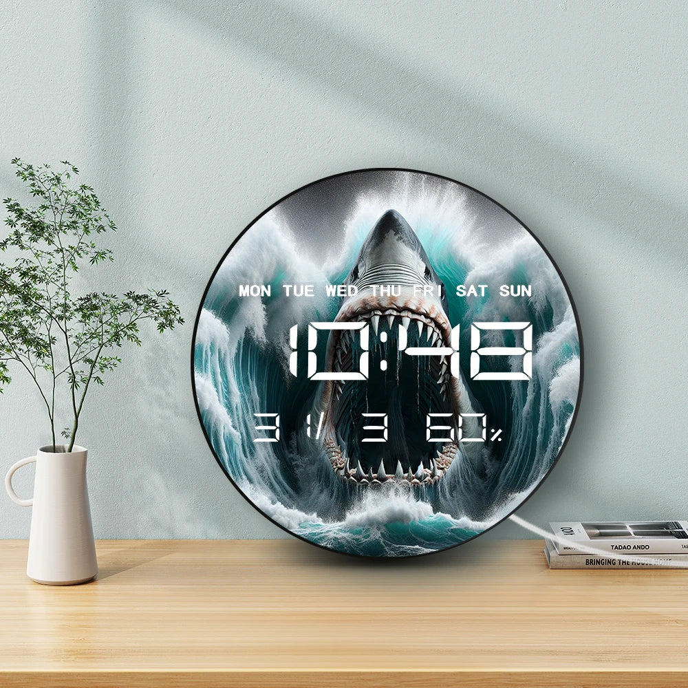 White Shark Open Mouth Jaw Modern Digital Wall Clock with Timer Date Temperature Display Ocean Predator Electronic Wall Clock