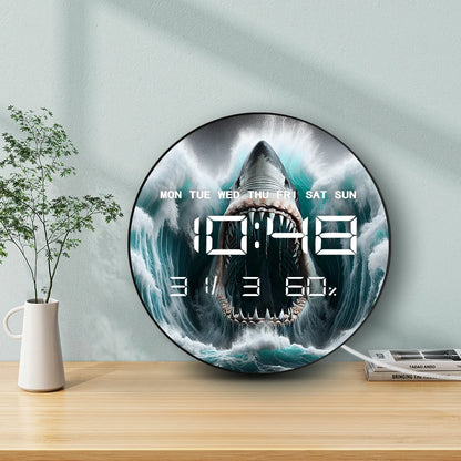 White Shark Open Mouth Jaw Modern Digital Wall Clock with Timer Date Temperature Display Ocean Predator Electronic Wall Clock