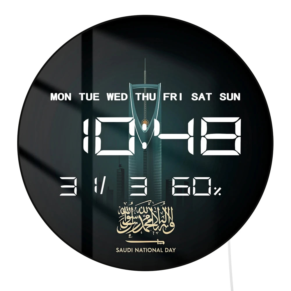 Saudi National Day Calligraphy LED Digital Wall Clock with Timer Date Temperature Display Saudi Skyscraper Electric Wall Clock