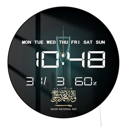 Saudi National Day Calligraphy LED Digital Wall Clock with Timer Date Temperature Display Saudi Skyscraper Electric Wall Clock