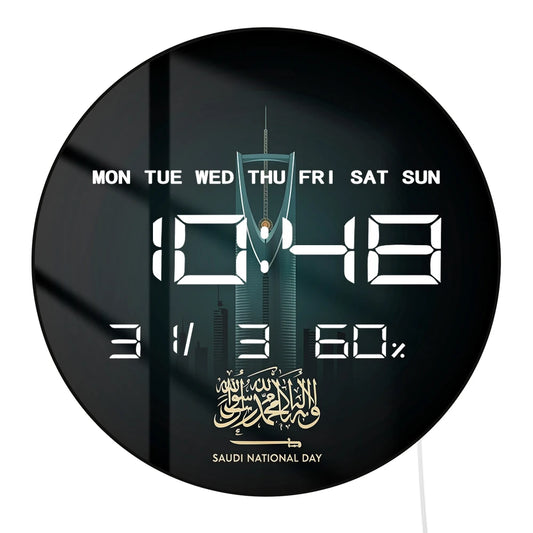 Saudi National Day Calligraphy LED Digital Wall Clock with Timer Date Temperature Display Saudi Skyscraper Electric Wall Clock