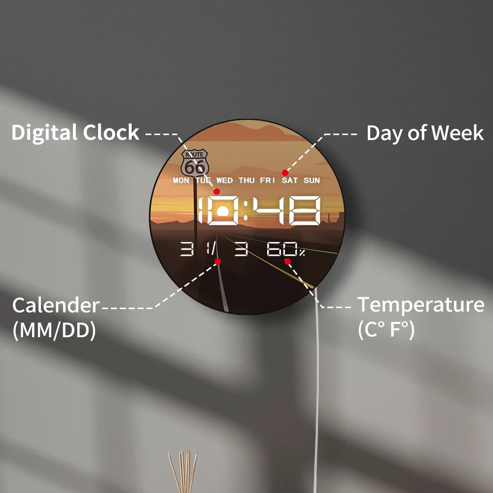 Route 66 Scene Classic Road Electronic Wall Clock Big Number Display USA Landscapes Home Decor Timepieces LED Digital Wall Clock