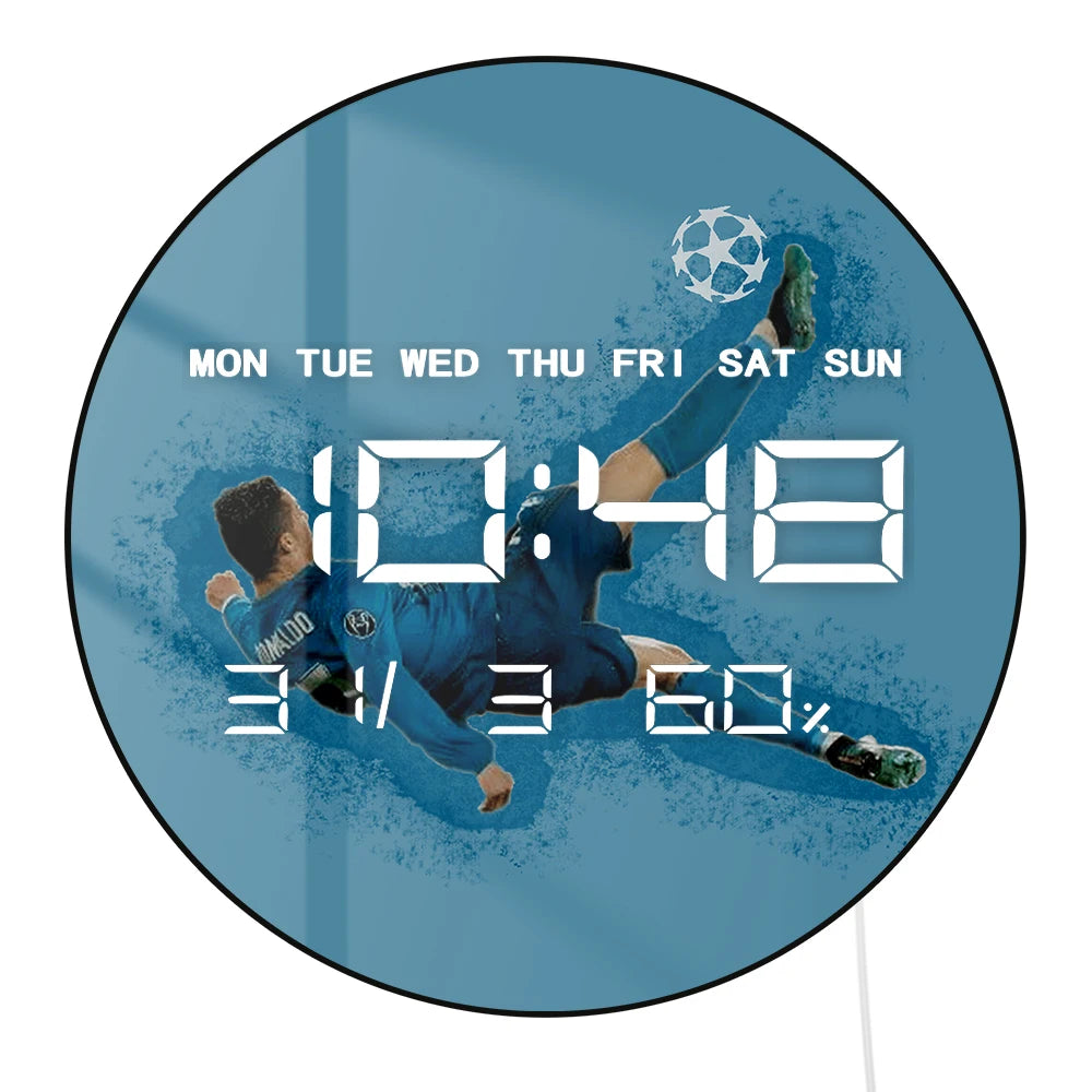 Ronaldo Overhead Goal LED Digital Wall Clock Portugal Football Legend Bicycle Kick Iconic Soccer Electronic Display Wall Clock