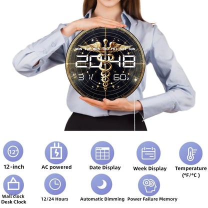 Gold Caduceus Symbol Printed LED Digital Wall Clock Medical Decor for Doctor Nurse Office 12/24hour Timer Electronic Wall Clock