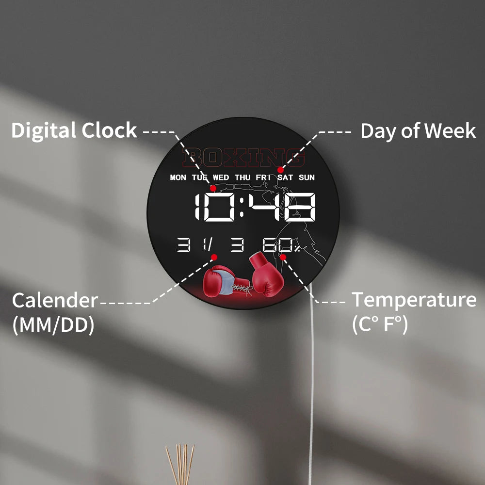 Red Boxing Gloves LED Auto Dimming Digital Clock Wall Desk Use Boxer Punch Training Fight Multifunctional Electronic Wall Clock