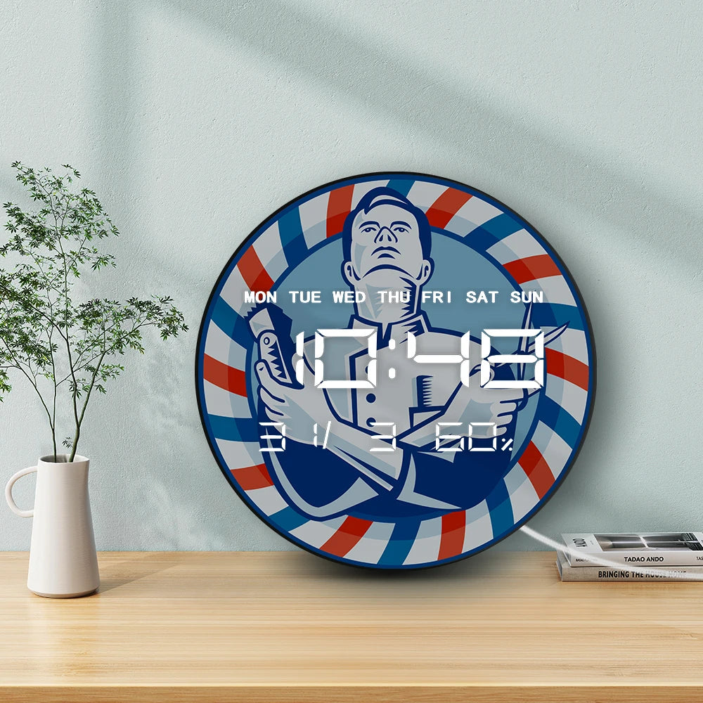 Retro Style Barber Shop Electric Wall Clock Stripped Barber Pole LED Digital Wall Clock Large Time Numeric Display Wall Desk Use
