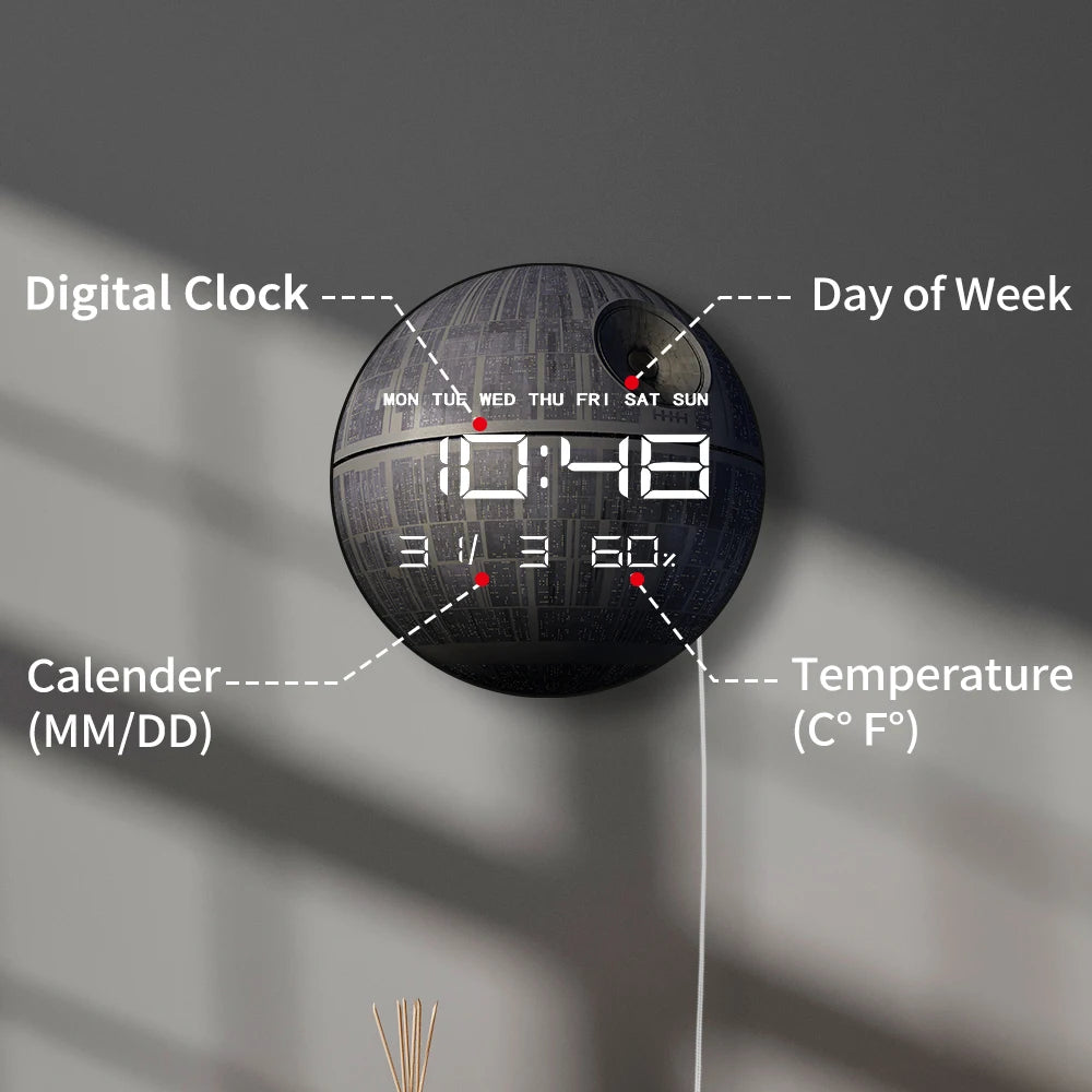 Death Star LED Digital Wall Clock Large Display for Living Room Sci-Fi Landscape Art Home Decor Timepieces Electronic Wall Clock