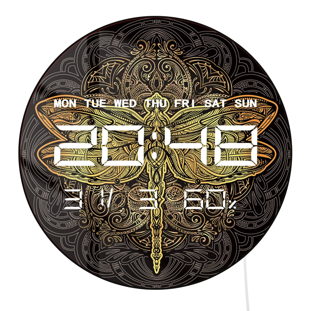 Golden Mandala Dragonfly LED Digital Wall Clock Spiritual Home Decor Electric Wall Clock with 12/24hr Date Calendar Temperature