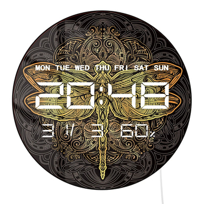 Golden Mandala Dragonfly LED Digital Wall Clock Spiritual Home Decor Electric Wall Clock with 12/24hr Date Calendar Temperature
