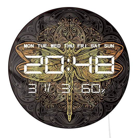Golden Mandala Dragonfly LED Digital Wall Clock Spiritual Home Decor Electric Wall Clock with 12/24hr Date Calendar Temperature