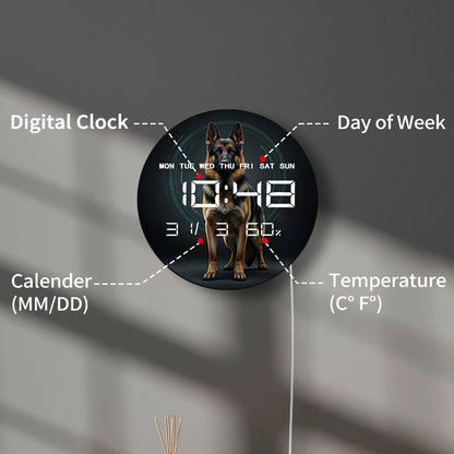 Guard Dog German Shepherd Modern Design Wall Clock with Timer Date Temperature Display Puppy Pet Memorial Digital Wall Clock