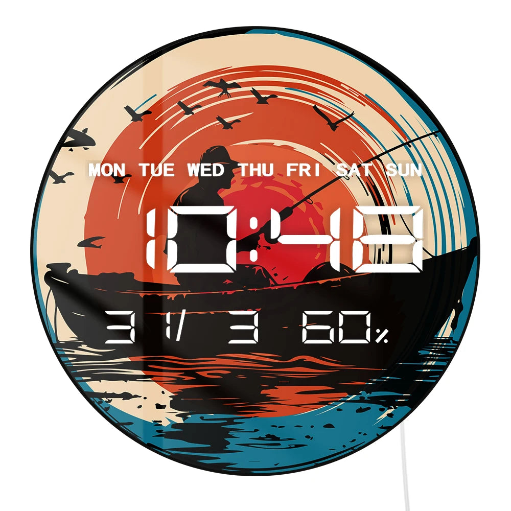 Mountain Lake Fishing on Boat Dual Purpose LED Digital Clock Wall Desk Use Fisherman Multifunction Modern Electronic Wall Clock