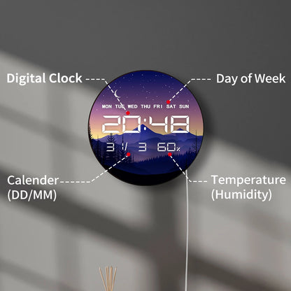 Mountain Forest Night Landscape LED Digital Wall Clock Timer Crescent Starry Sky Multifunctional 12/24hr Electronic Wall Clock