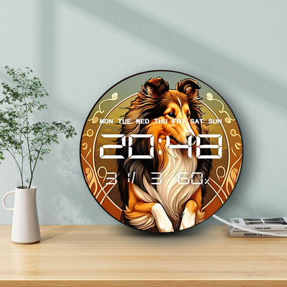 Leaping Sable Sheltie Dog LED Digital Wall Clock with Temperature Humidity Calendar Date Shetland Sheepdog Electronic Wall Clock