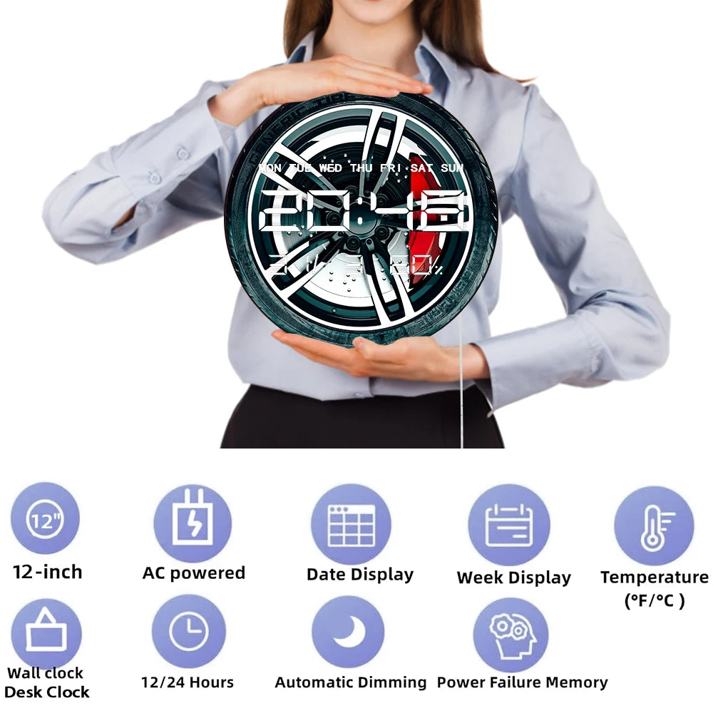 3d Car Tire Wheel LED Digital Wall Clock for Garage Workshop 12/24hr Timer Electronic Wall Clock with Calendar Date Temperature