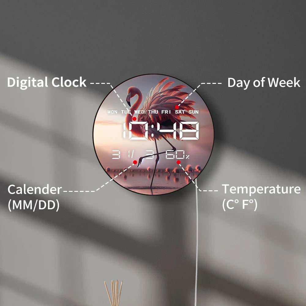 Tropical Lake Bird Dancing Flamingo LED Digital Wall Clock with Calendar Temperature Auto Dimming 12/24hr Electronic Wall Clock