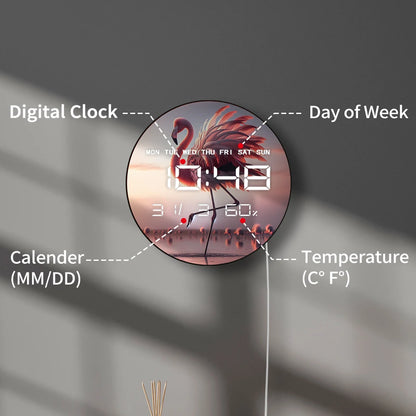 Tropical Lake Bird Dancing Flamingo LED Digital Wall Clock with Calendar Temperature Auto Dimming 12/24hr Electronic Wall Clock