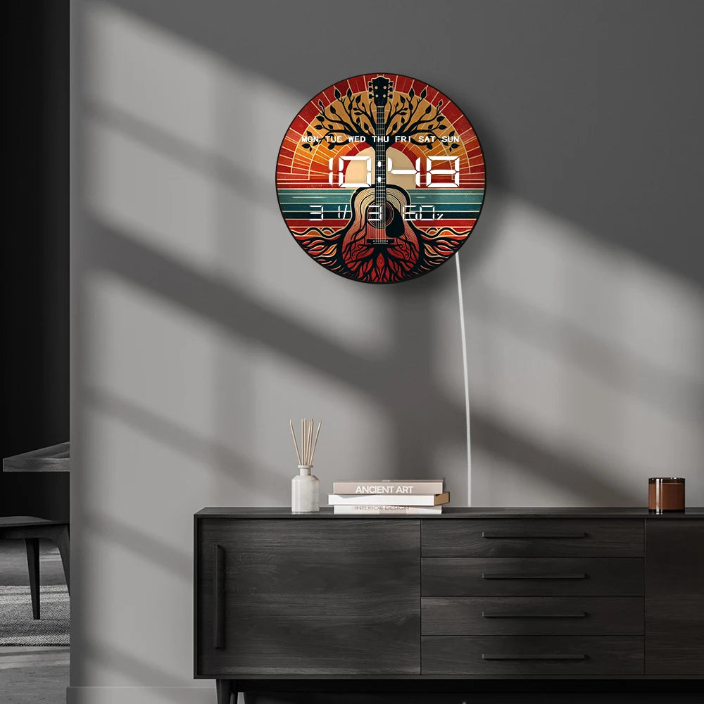 Acoustic Guitar Tree of Life LED Digital Wall Clock Multifunctional 12/24hour Electric Wall Clock with Calendar Date Temperature