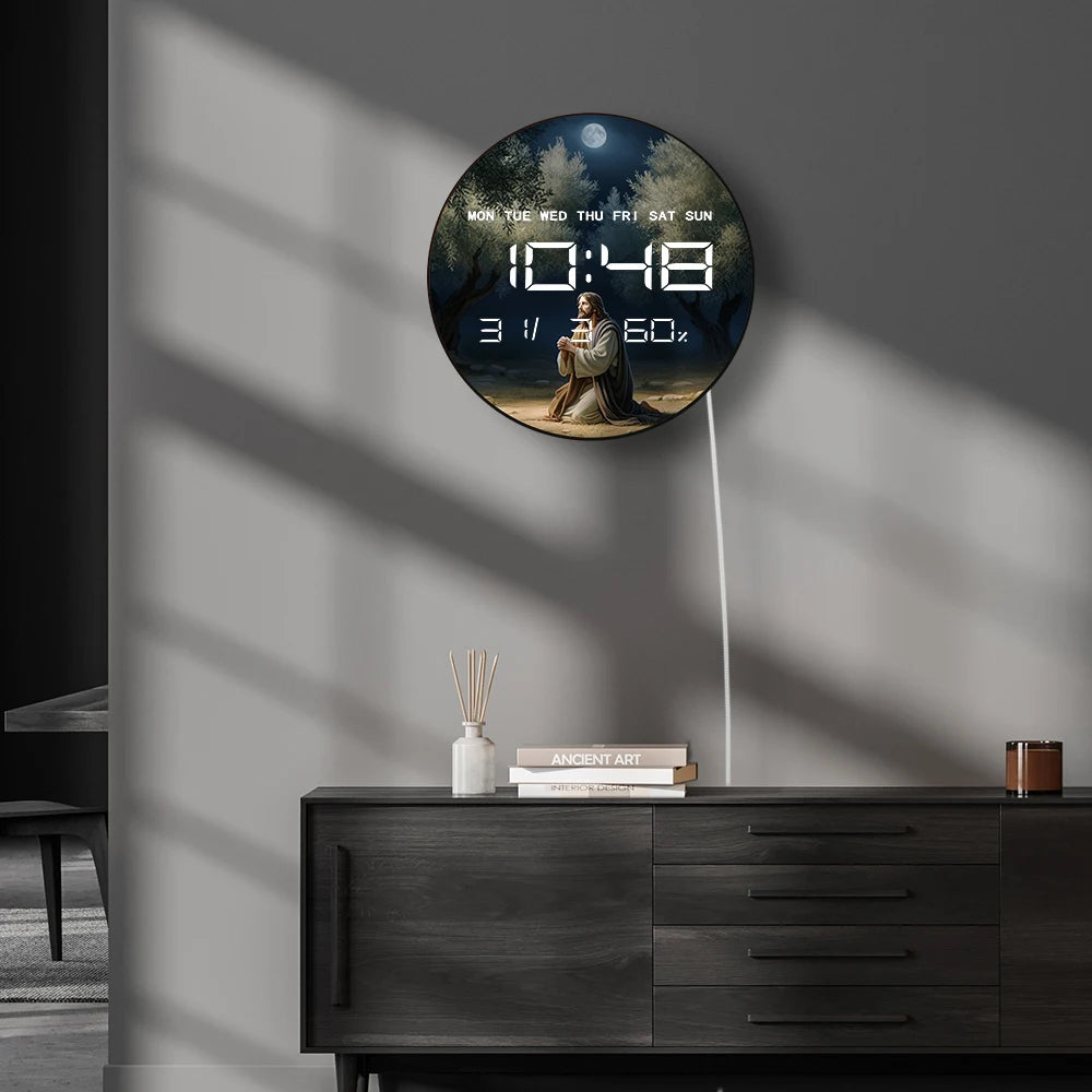 Jesus Praying in Garden of Gethsemane LED Digital Wall Clock with Calendar Date Temperature Auto Dimming 12/24hr Electric Clock