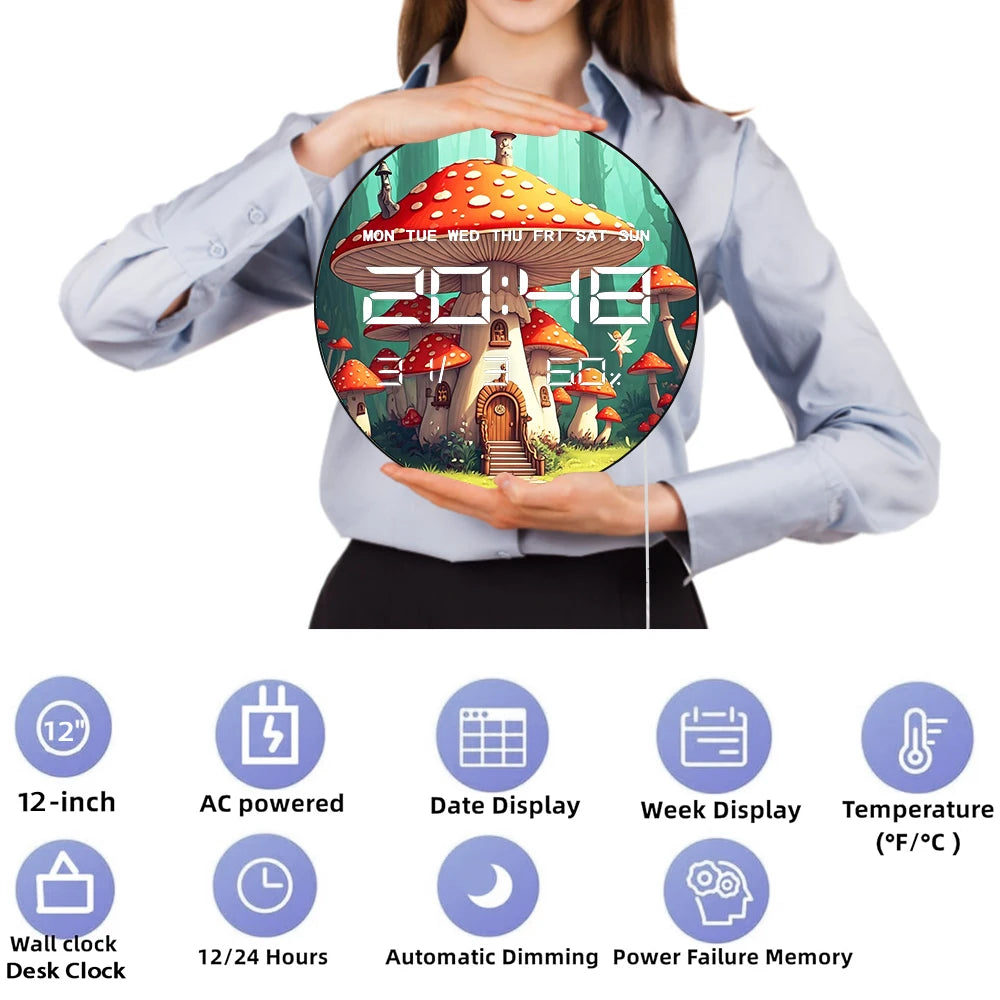 Amanita Mushroom House 12/24hour Electronic Wall Clock with Temperature Calendar Date Fairy Tale Home Decor Digital Clock Timer