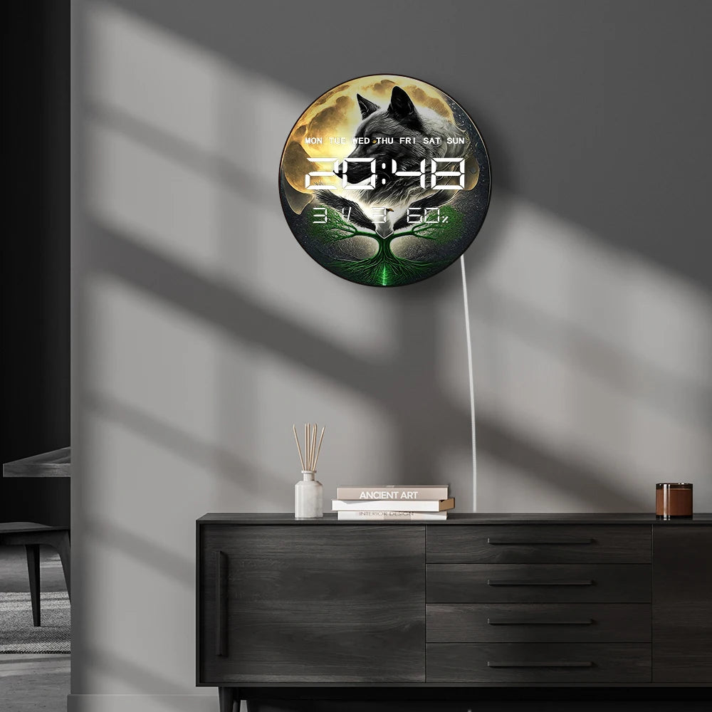 Wildlife Wolf Eagle LED Digital Wall Clock with Calendar Date Temperature Viking Tree of Life Home Decor Electronic Wall Clock