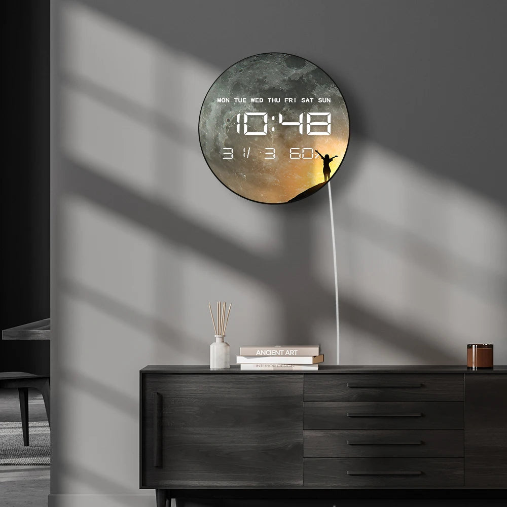 Big Full Moon Phase Electronic Digital Wall Clock Large Display Milky Way Celestial Home Decor LED Numeric Clock Wall & Desk Use