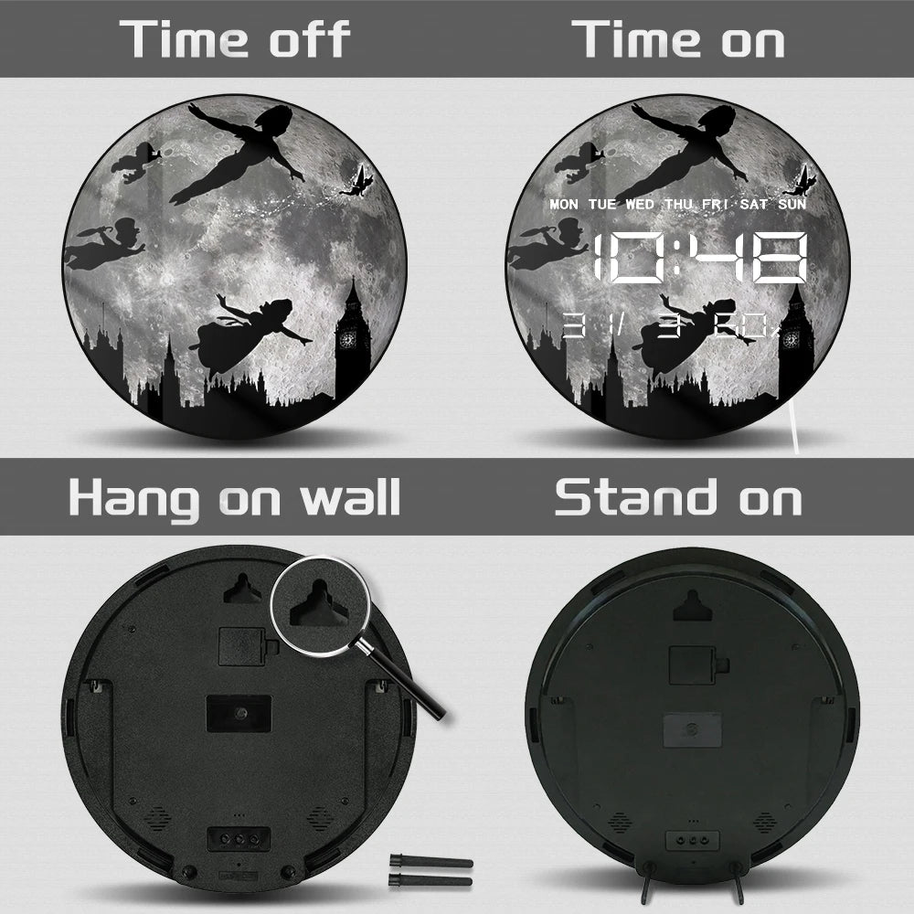 Big Full Moon Flying Over London LED Digital Wall Clock For Nursery Kid Room Neverland Fairy Tale Home Decor Electric Wall Clock