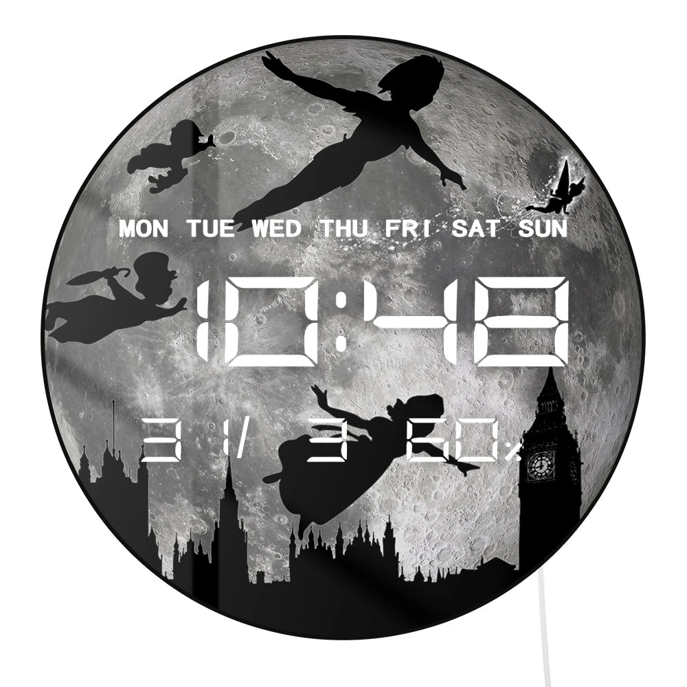Big Full Moon Flying Over London LED Digital Wall Clock For Nursery Kid Room Neverland Fairy Tale Home Decor Electric Wall Clock