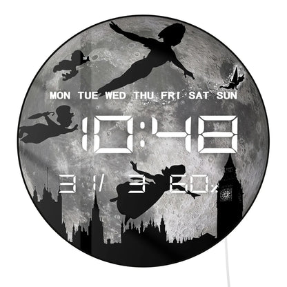 Big Full Moon Flying Over London LED Digital Wall Clock For Nursery Kid Room Neverland Fairy Tale Home Decor Electric Wall Clock
