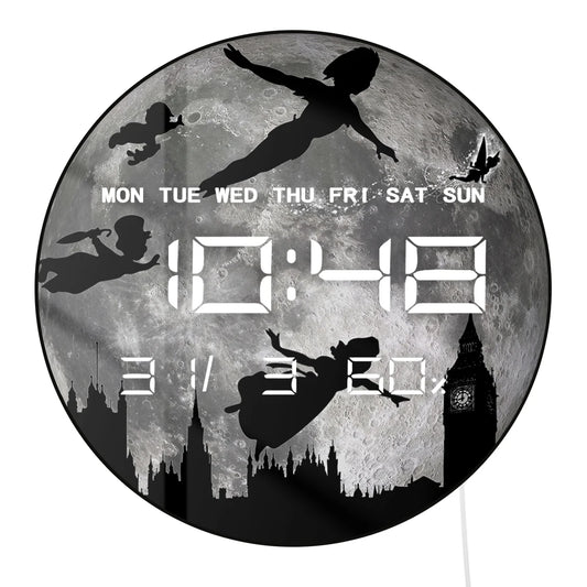 Big Full Moon Flying Over London LED Digital Wall Clock For Nursery Kid Room Neverland Fairy Tale Home Decor Electric Wall Clock