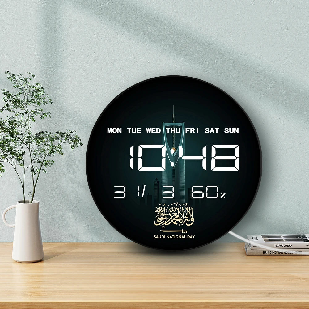 Saudi National Day Calligraphy LED Digital Wall Clock with Timer Date Temperature Display Saudi Skyscraper Electric Wall Clock