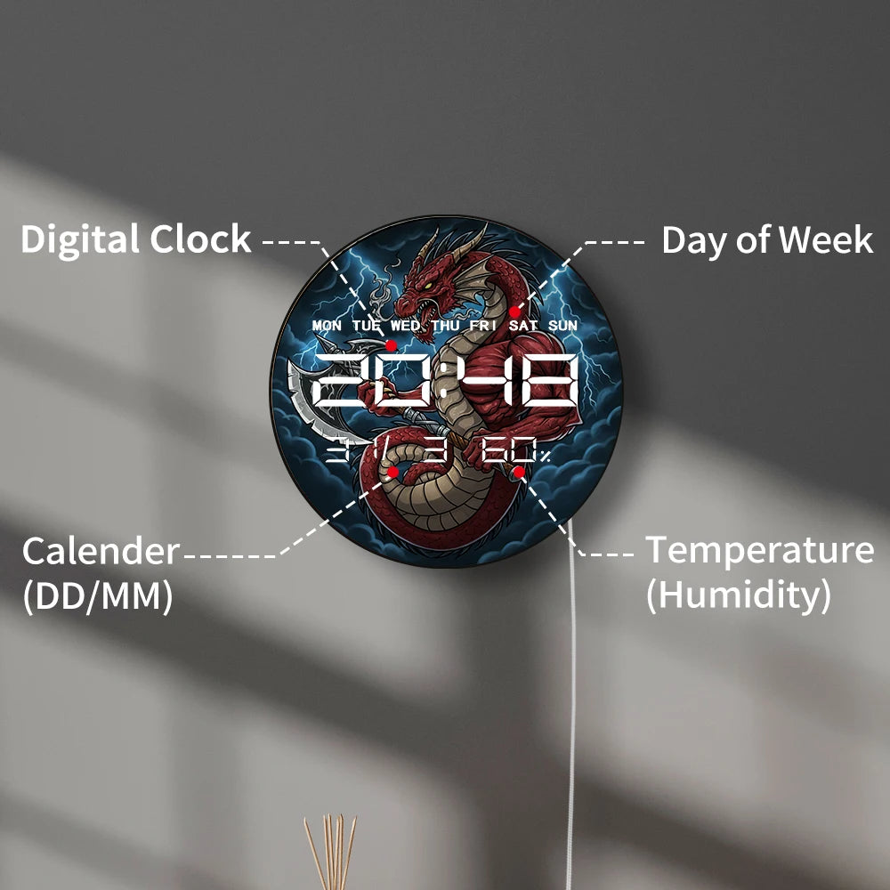 Evel Dragon Holding Axe 12/24hour Electronic Wall Clock Fantasy Home Decor LED Digital Wall Clock with Calendar Date Temperature