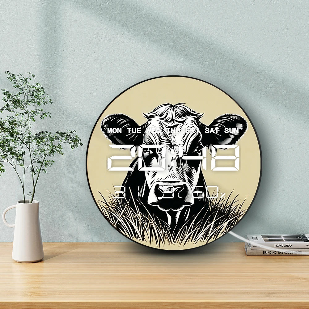 Cow Head Electronic Wall Clock for Farmhouse Animal Home Decor LED Digital Wall Clock with 12/24 Timer Calendar Date Temperature