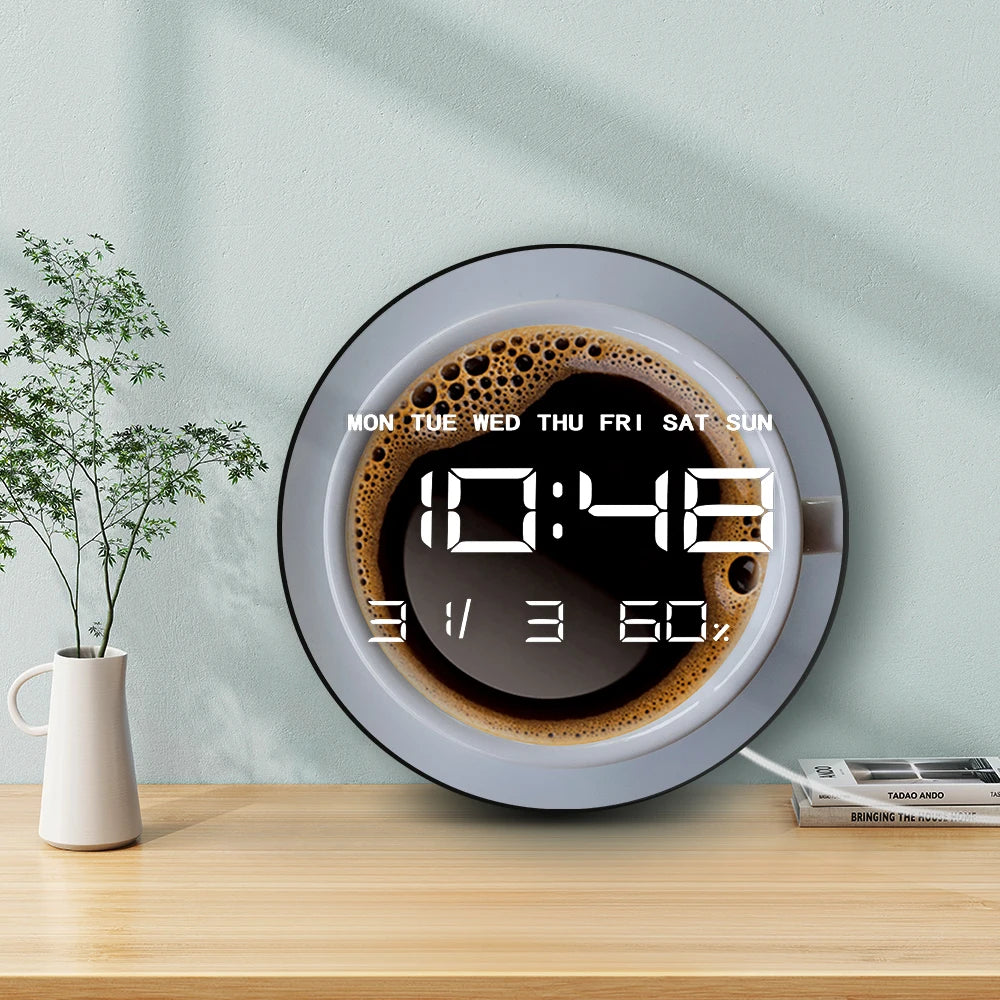 Top view Coffee Mug LED Digital Wall Clock Barista Minimalist Electronic Kitchen Wall Clock Large Numeric Display Cafe Bar Decor