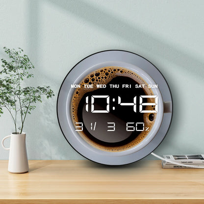 Top view Coffee Mug LED Digital Wall Clock Barista Minimalist Electronic Kitchen Wall Clock Large Numeric Display Cafe Bar Decor