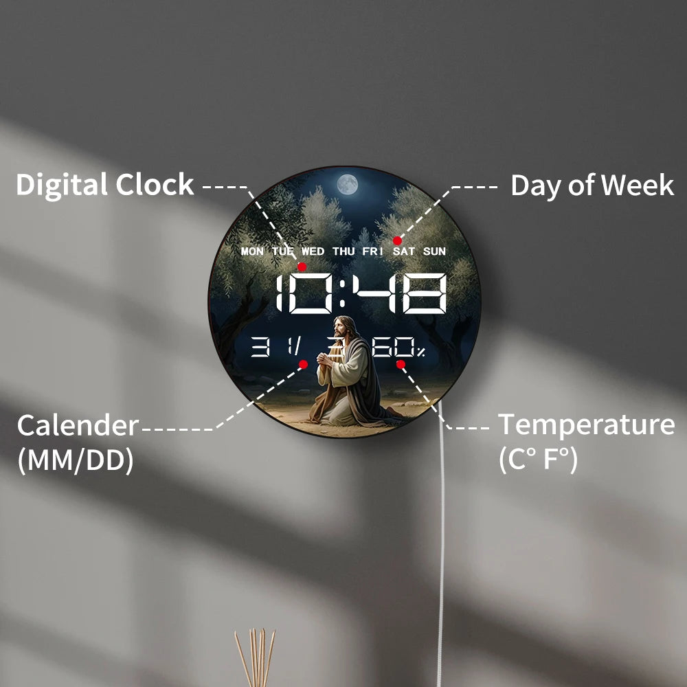 Jesus Praying in Garden of Gethsemane LED Digital Wall Clock with Calendar Date Temperature Auto Dimming 12/24hr Electric Clock