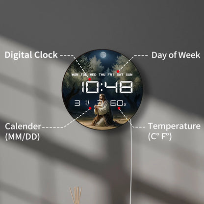 Jesus Praying in Garden of Gethsemane LED Digital Wall Clock with Calendar Date Temperature Auto Dimming 12/24hr Electric Clock