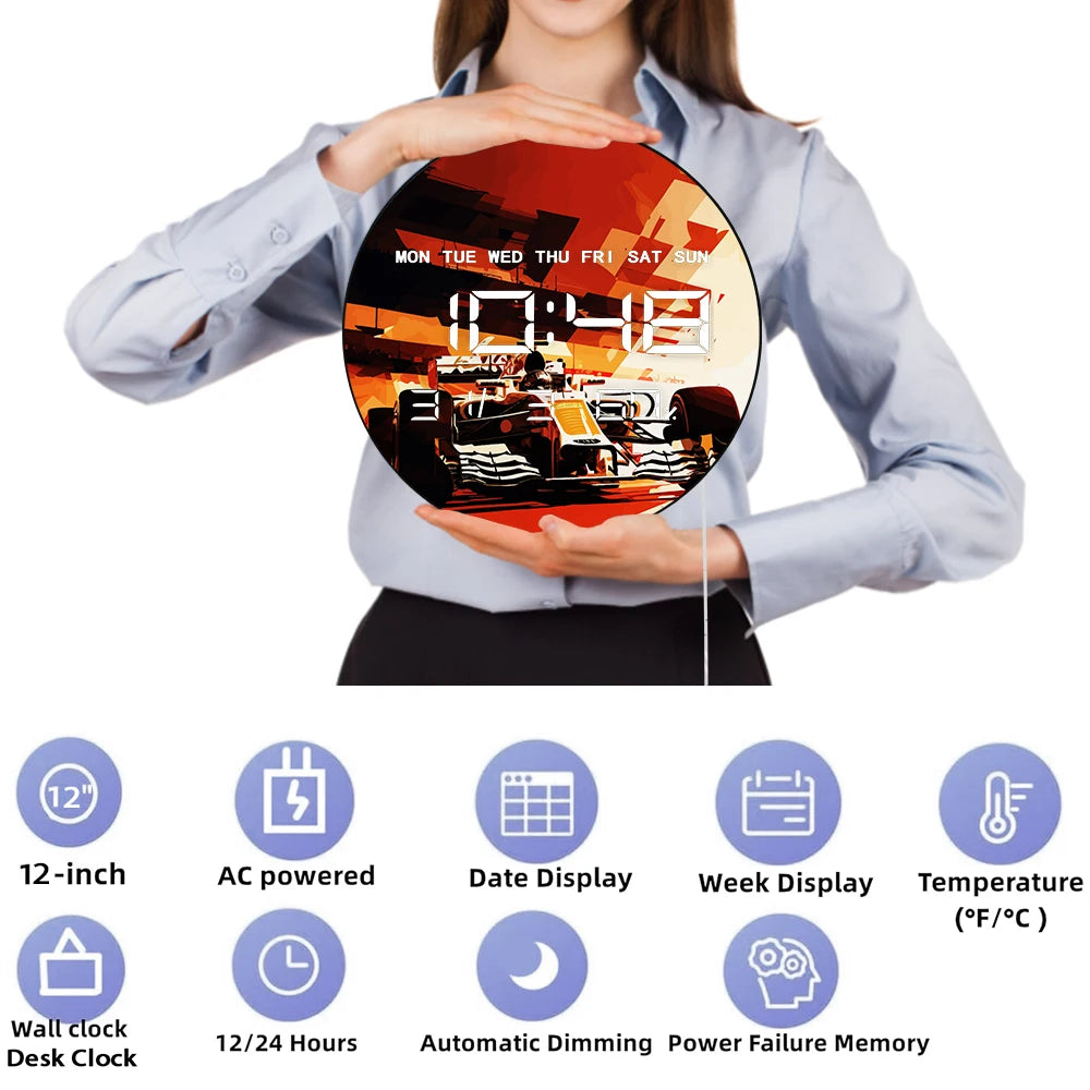 Motorsport Car Racing Big Digital Wall Clock Performance Car Electronic Wall Clock LED Display Calendar Temperature Auto Dimming