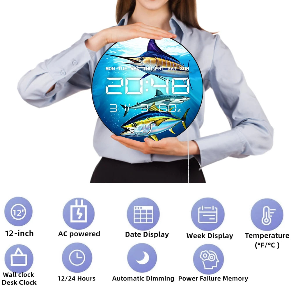 Shark Tuna Kingfish LED Digital Wall Clock with Calendar Date Temperature Atlantic Blue Marlin Art 12/24hr Electronic Wall Clock