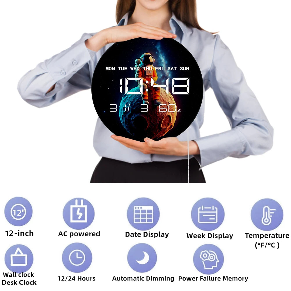 Astronaut Sitting On Moon LED Digital Clock Wall Desk Use Whimsical Space Artwork Fun Celestial Outer Space Electric Wall Clock